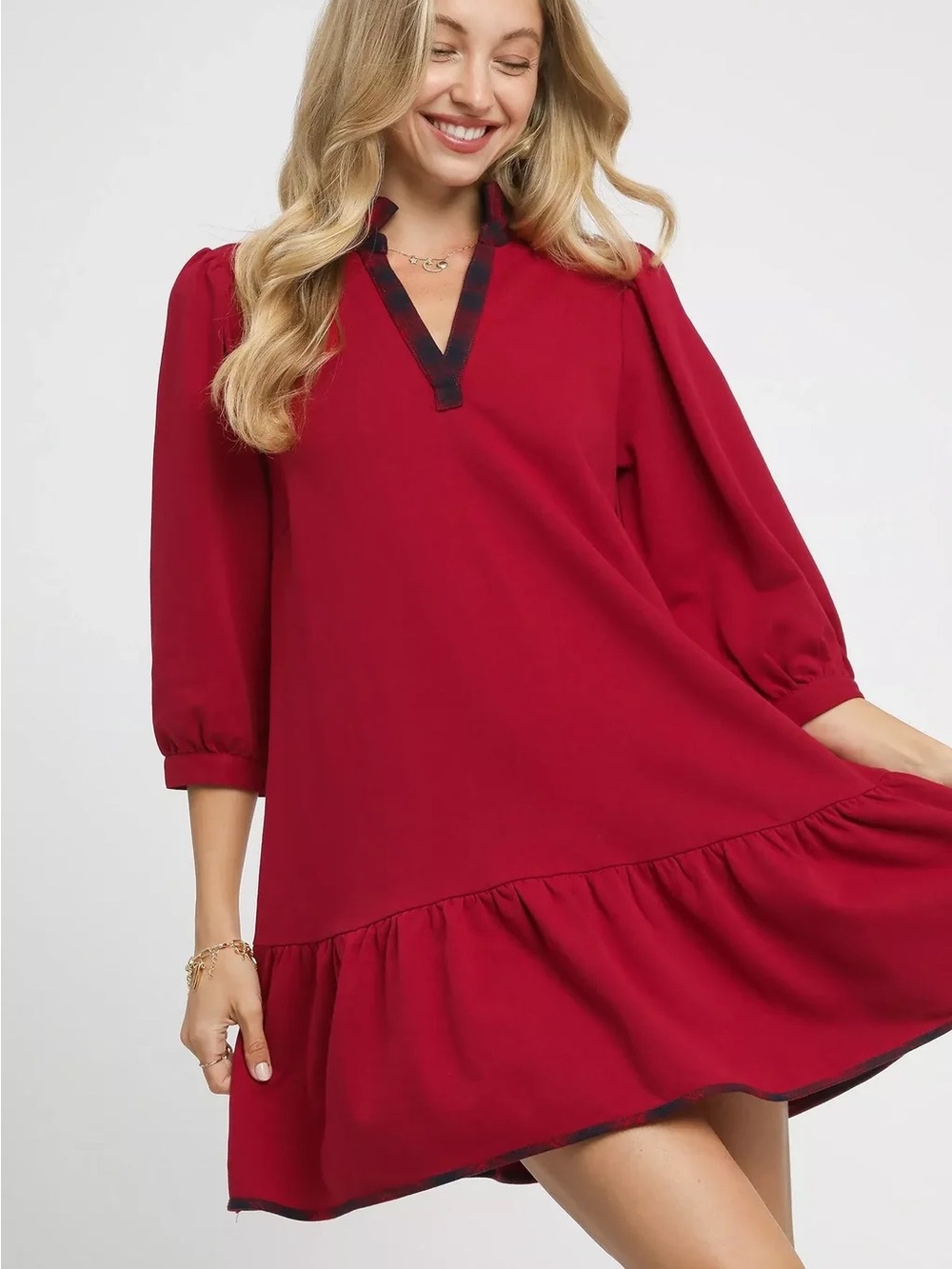 Umgee French Terry Ruffle Hem Holiday Christmas Dress with Plaid Trim Size M